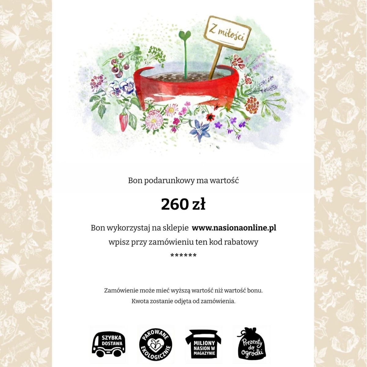 Bon podarunkowy z miłości o wartości 260 zł