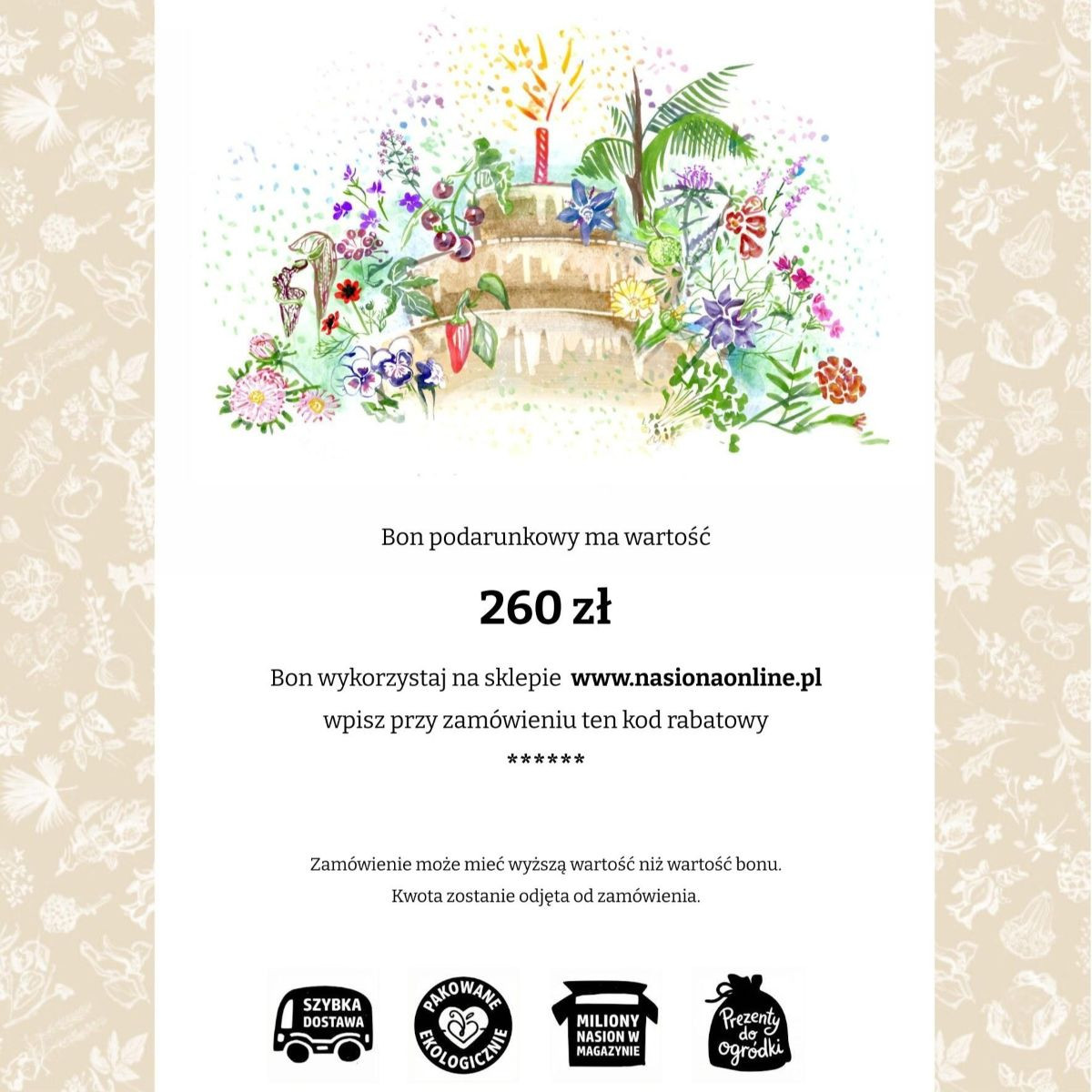 Bon podarunkowy na urodziny o wartości 260 zł